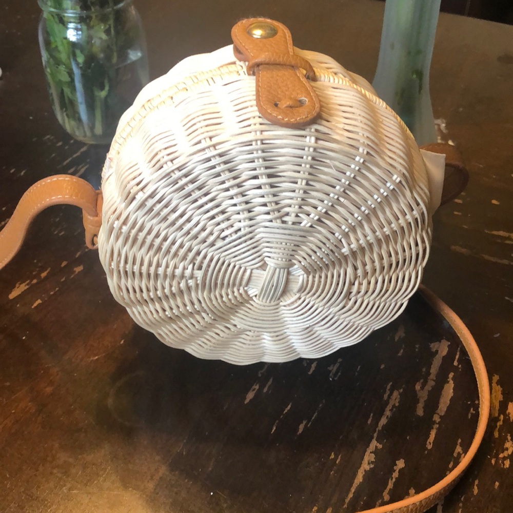 Round Woven Cream and Tan Crossbody Bag